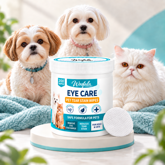 Woofala Eye Care pet tear stain wipes, 200-count tub, with two small dogs and a white Persian cat
